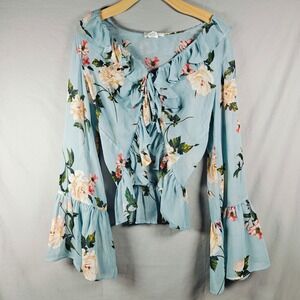 LIFE Love Is For Eternity Blue Floral Ruffle Bell Sleeve Peplum Blouse Large